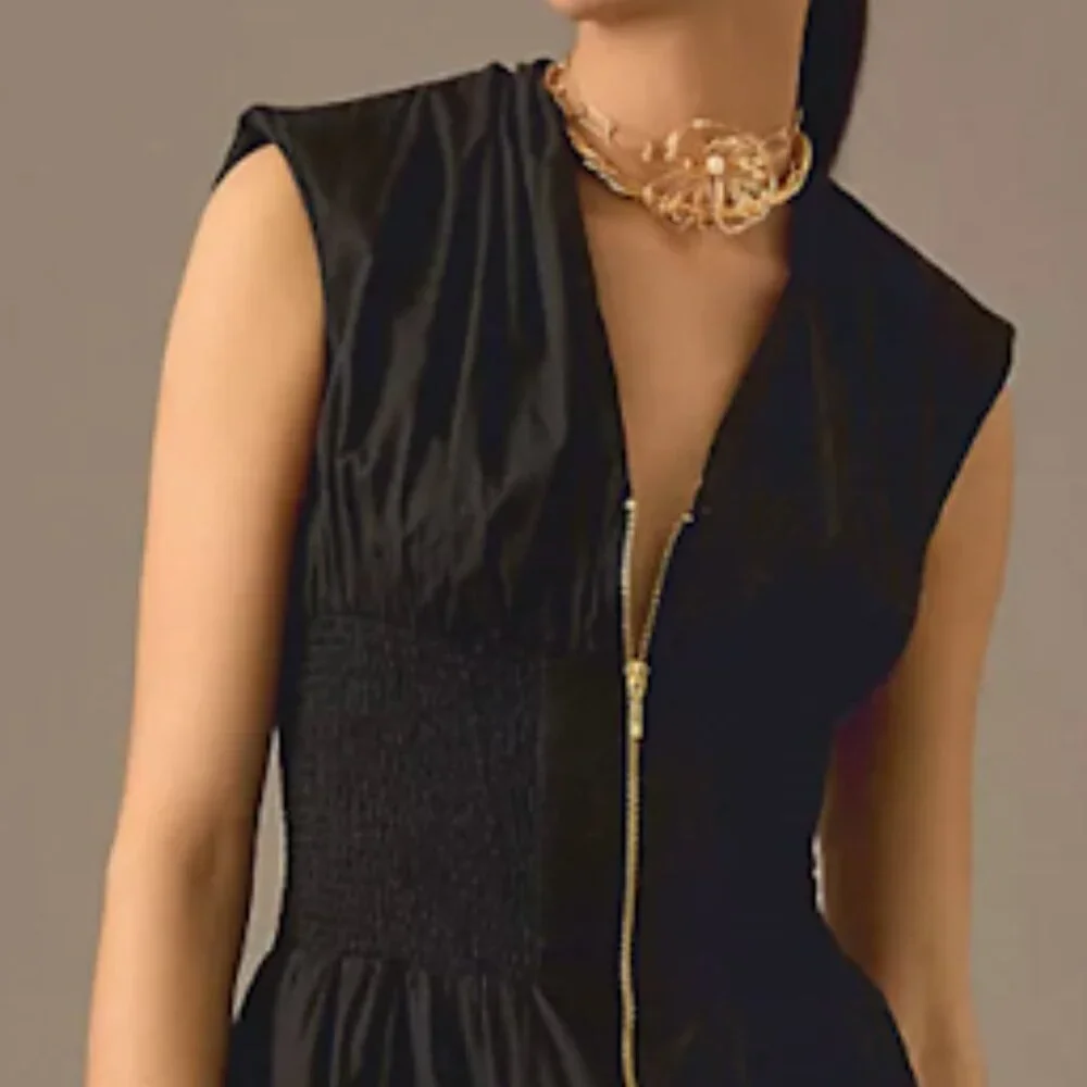 Anthropologie XXS Black Cotton Midi Dress with Gold Front Zipper and Pockets - Picture 2 of 11